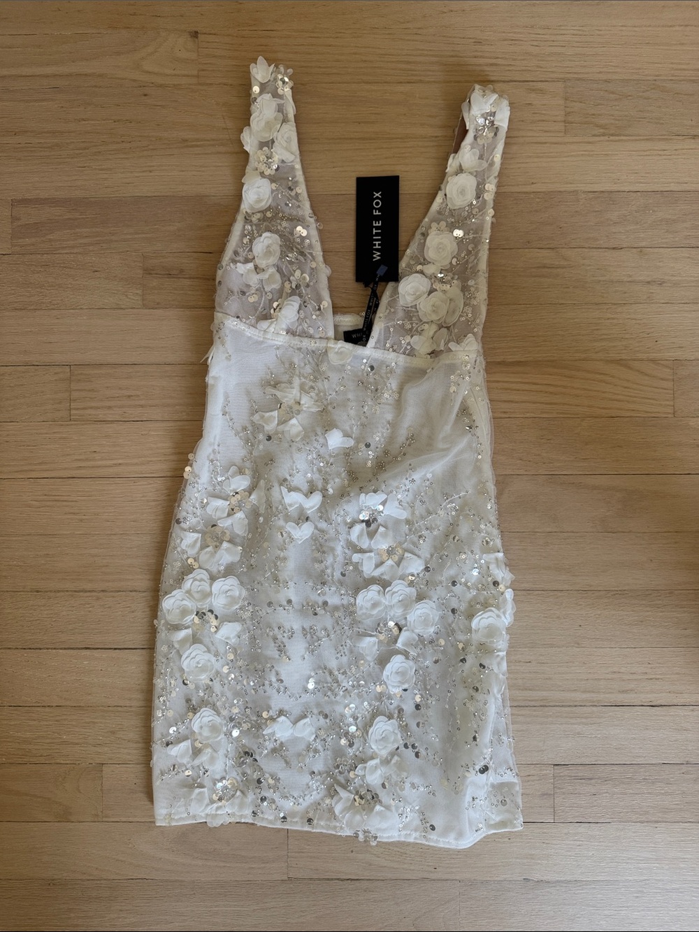 White Fox Boutique White 3D Floral Sequin V-Neck Mini Dress